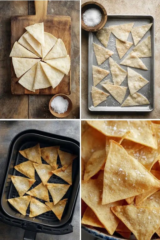 Step-by-step collage of low carb tortilla chips from prep to air frying