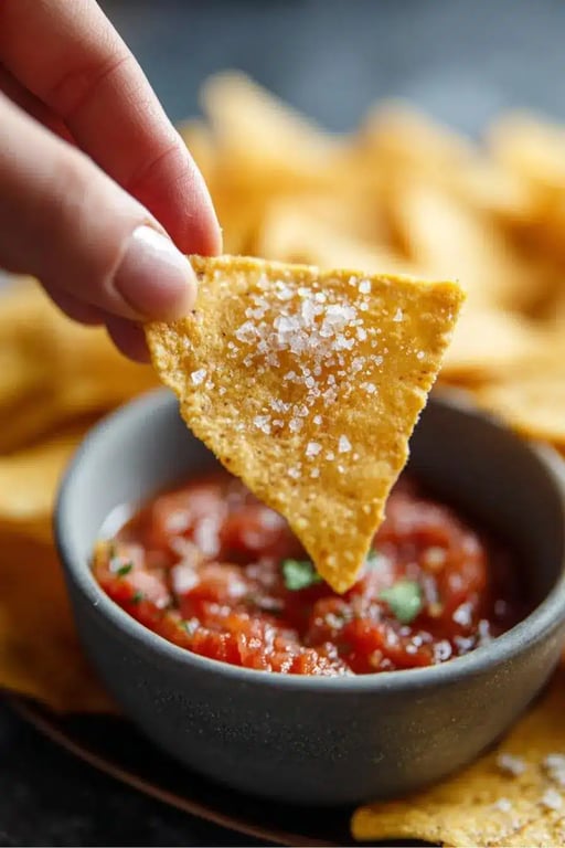 Hand holding a golden low carb tortilla chip with salsa in background