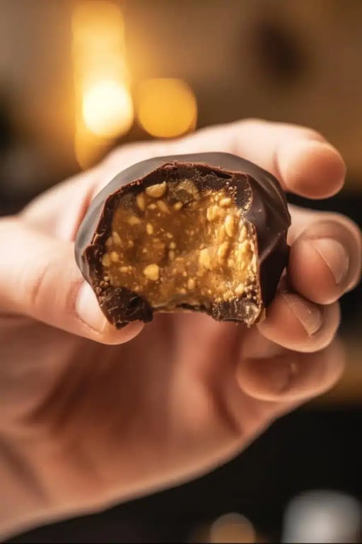 Peanut Butter Protein Balls That Taste Like Dessert and Fuel Your Day 1 Hand holding a bitten peanut butter protein ball showing inside texture