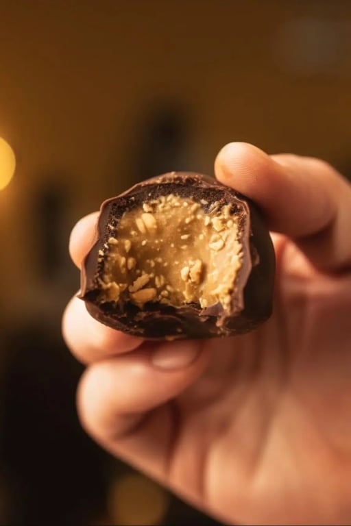 Peanut Butter Protein Balls That Taste Like Dessert and Fuel Your Day 8 Bitten peanut butter protein ball showing creamy nut-filled center