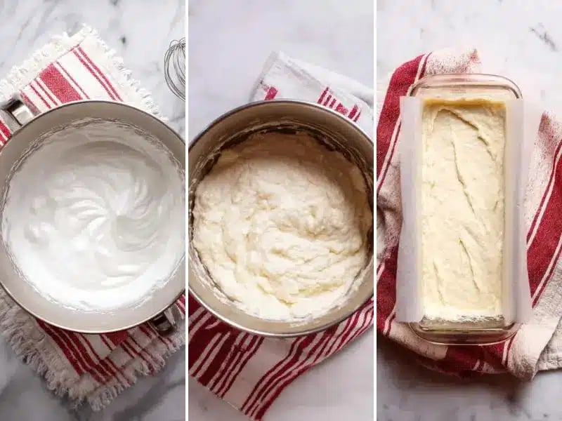 Step-by-step collage of whipping, mixing, and prepping protein bread batter