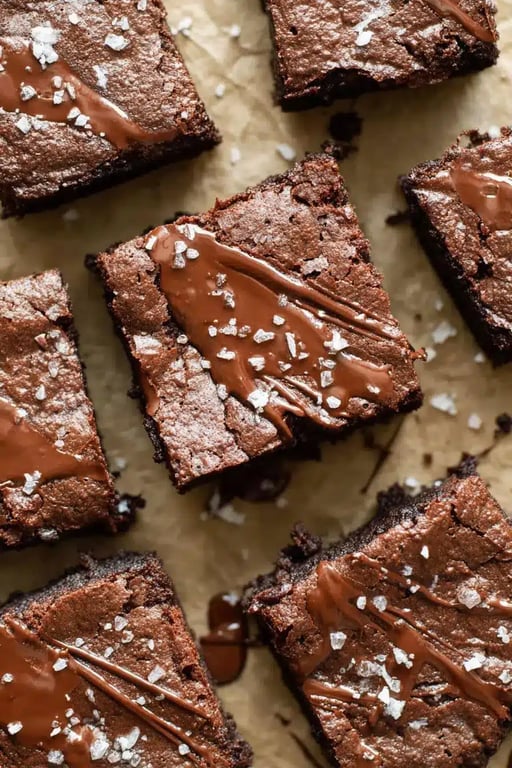 Top-down view of chocolate protein brownies with melted chocolate and sea salt