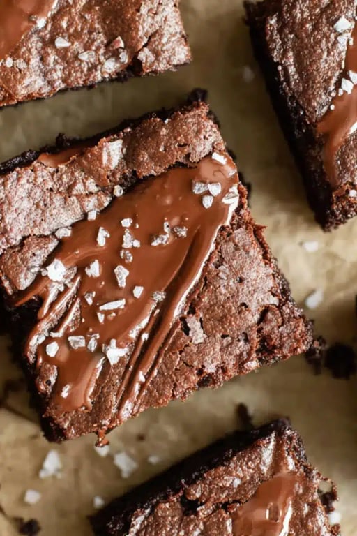 Protein Brownies That Taste Like Fudge and Keep You Full Longer 1 Close-up of a fudgy protein brownie topped with melted chocolate and sea salt flakes