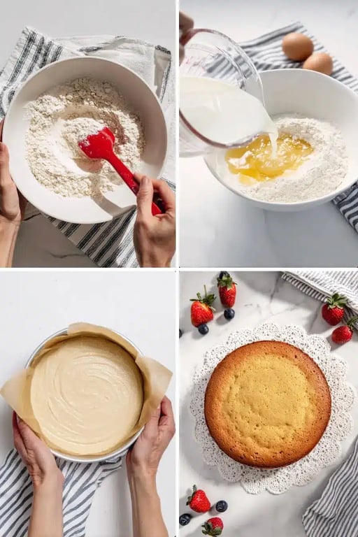 Step-by-step process of making protein cake, from mixing dry ingredients to baking the cake.