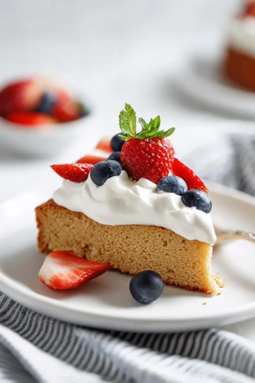 Slice of homemade protein cake with whipped cream and fresh berries on a plate.