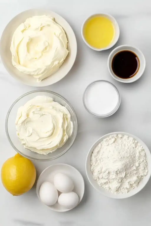 Labeled protein cheesecake ingredients including yogurt, protein powder, eggs, and cream cheese