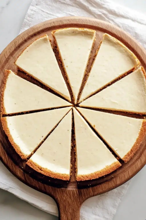 Whole sliced protein cheesecake with almond crust on wooden board