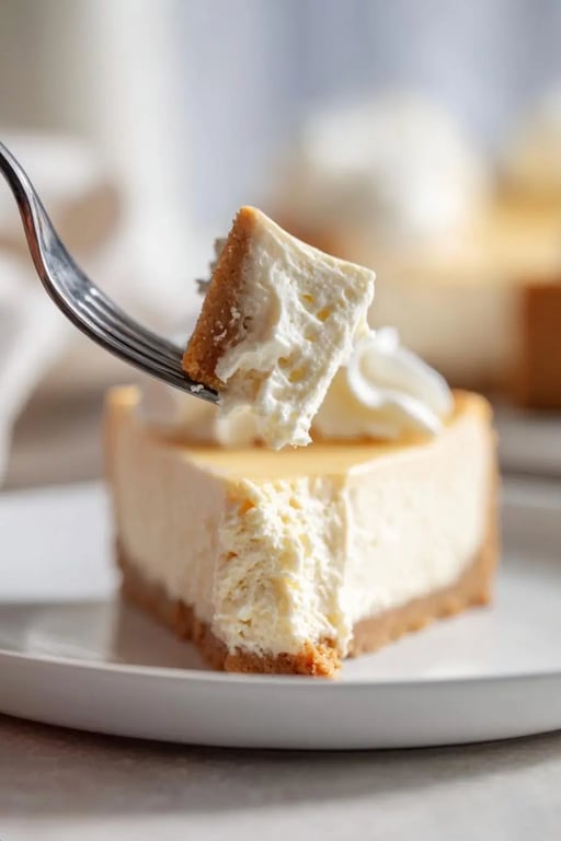 Fork with a creamy bite of protein cheesecake above a plated slice