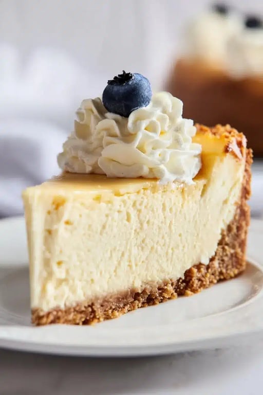 Slice of protein cheesecake with blueberry and whipped cream on top