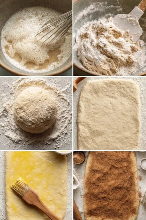 Collage of early steps in protein cinnamon roll recipe showing yeast activation, dough mixing, rolling, and cinnamon sugar layering