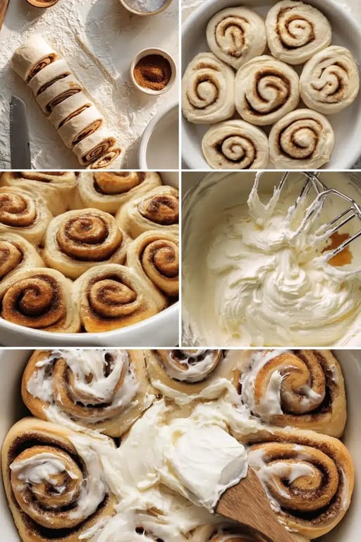 Step-by-step collage showing protein cinnamon roll preparation: slicing dough, baking swirls, whipping frosting, and spreading icing