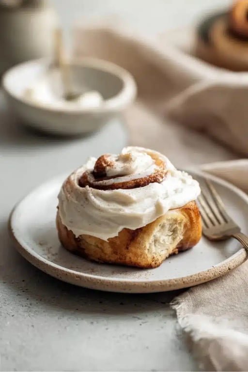 Protein cinnamon roll topped with cream cheese frosting on ceramic plate with fork