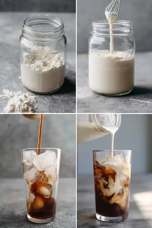 Step-by-step process of making iced protein coffee with protein powder, cold brew, and milk poured over ice