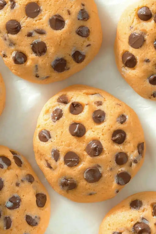 Chewy chocolate chip protein cookies on parchment paper
