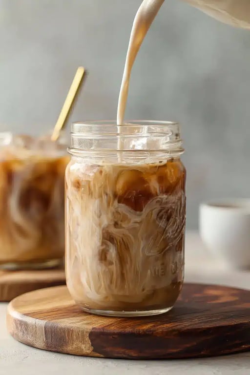 Protein shake swirling into iced coffee in a mason jar on a wooden board