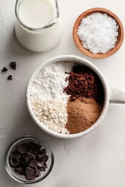 ingredients for chocolate protein mug cake in a white mug with almond milk, sea salt, and chocolate chips.
