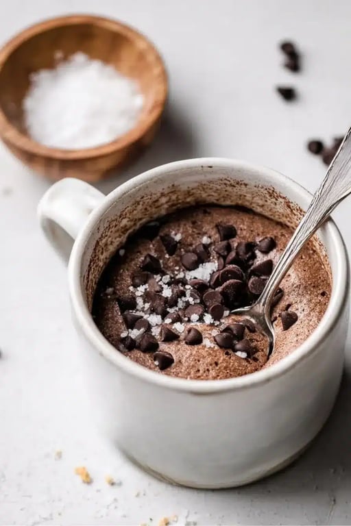 Mug with protein mug cake ingredients and almond milk partially mixed, with chocolate chips on top.