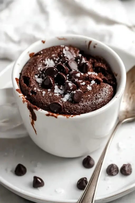 Freshly baked chocolate protein mug cake topped with chocolate chips and sea salt in a white mug.