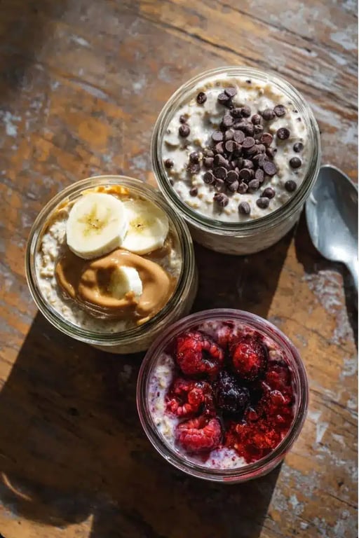 Protein Overnight Oats – A Creamy, High-Energy Morning Staple 1 Three jars of protein overnight oats with chocolate chips, peanut butter banana jam, and mixed berry variations.