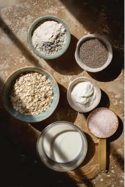 Protein Overnight Oats – A Creamy, High-Energy Morning Staple 7 Protein overnight oats ingredients including oats, chia seeds, protein powder, Greek yogurt, almond milk, and salt in small bowls.