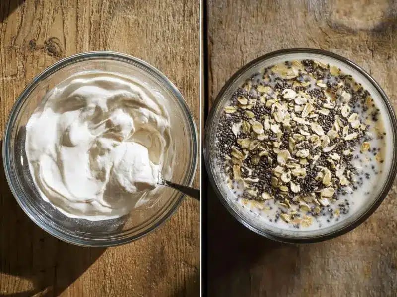 Protein Overnight Oats – A Creamy, High-Energy Morning Staple 8 Step-by-step preparation of protein overnight oats showing yogurt mixed with protein powder and oats with chia seeds in milk.