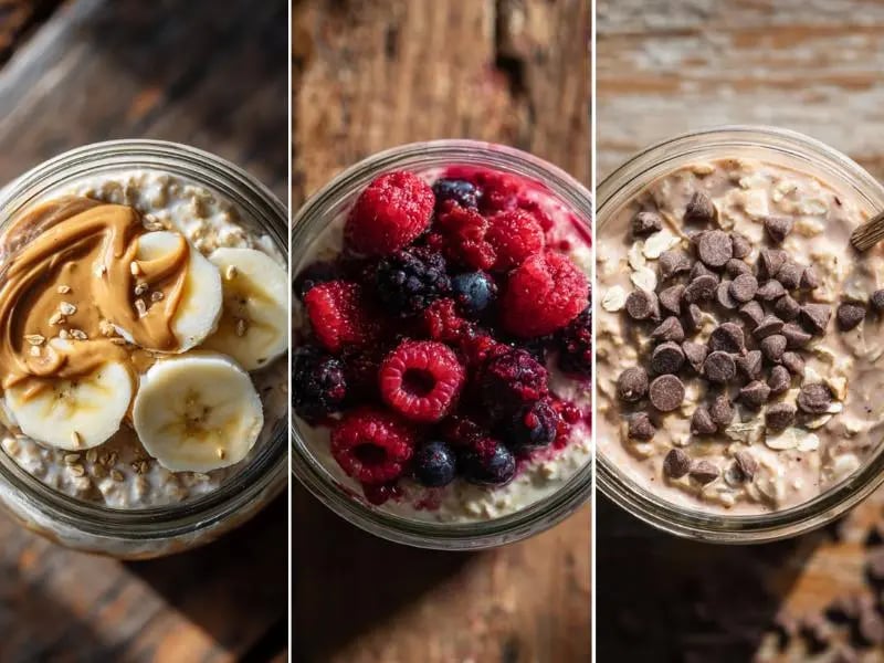 Protein Overnight Oats – A Creamy, High-Energy Morning Staple 9 Three jars of protein overnight oats with different toppings: banana with peanut butter, fresh berries, and chocolate chips.