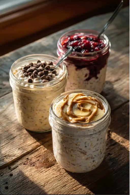 Protein Overnight Oats – A Creamy, High-Energy Morning Staple 10 Three jars of protein overnight oats with chocolate chips, berry jam, and peanut butter banana toppings on a rustic wooden table.