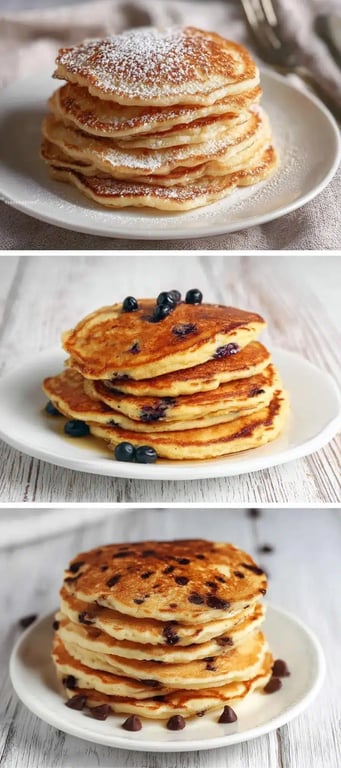 Three versions of the protein pancakes recipe: plain, blueberry, and chocolate chip.