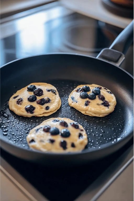 Protein pancakes recipe showing blueberry pancakes cooking on a non-stick skillet.