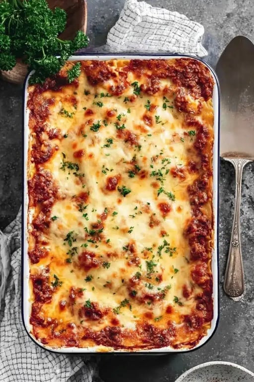 Overhead view of baked protein pasta topped with melted cheese and parsley
