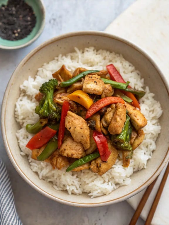 A beautifully plated spicy chicken stir fry with rice and garnishes in a bowl