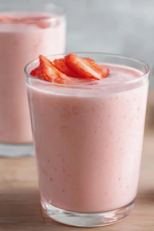 Glass of strawberry protein smoothie topped with sliced strawberries on a wooden surface