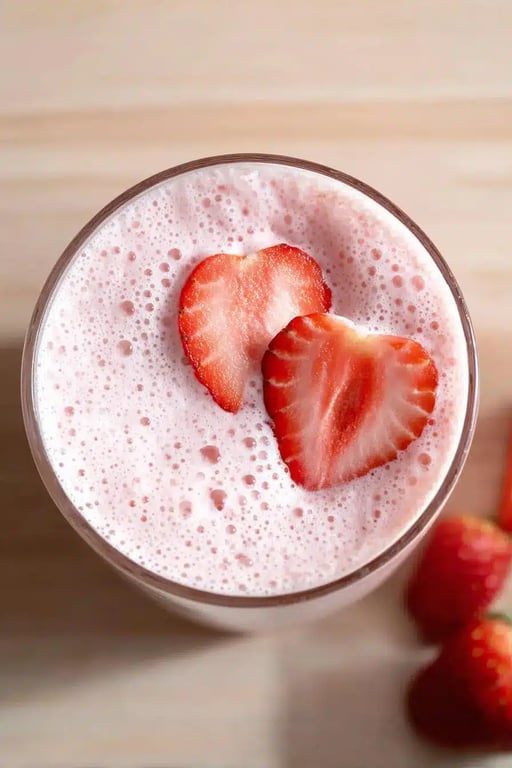 Strawberry Protein Smoothie: An Irresistible Creamy Treat - 2025 1 Glass of strawberry protein smoothie topped with fresh strawberry slices on a light wooden surface.
