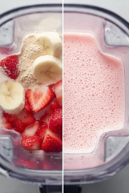 Strawberry Protein Smoothie: An Irresistible Creamy Treat - 2025 7 Side-by-side view of strawberry protein smoothie ingredients and the blended result in a blender