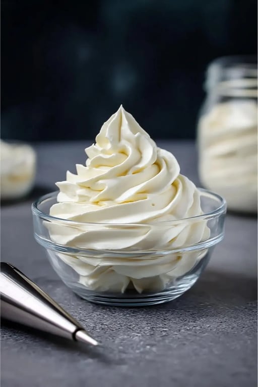 Swirl of sugar free frosting in glass bowl with jar in background