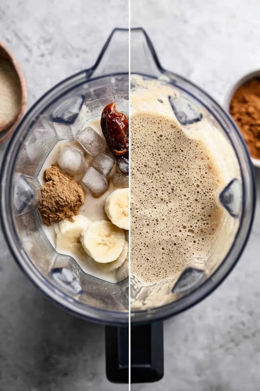 Split image of a blender with ingredients for a vanilla protein shake on the left and the blended creamy shake on the right.