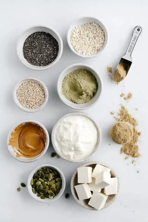 Flat lay of vegan protein smoothie ingredients in small bowls