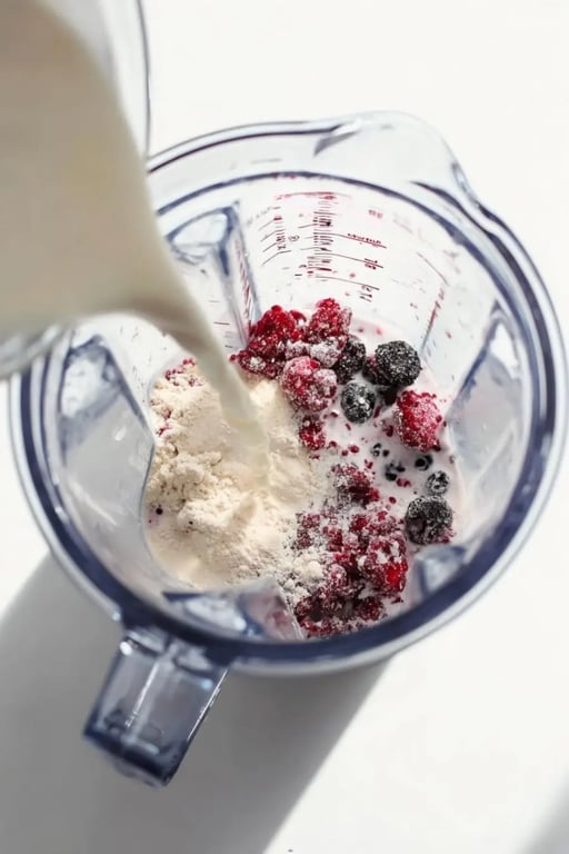 Pouring plant-based milk into a blender with protein powder and frozen berries