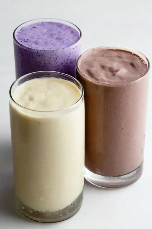 Three tall glasses of vegan protein smoothies in vanilla, berry, and chocolate flavors