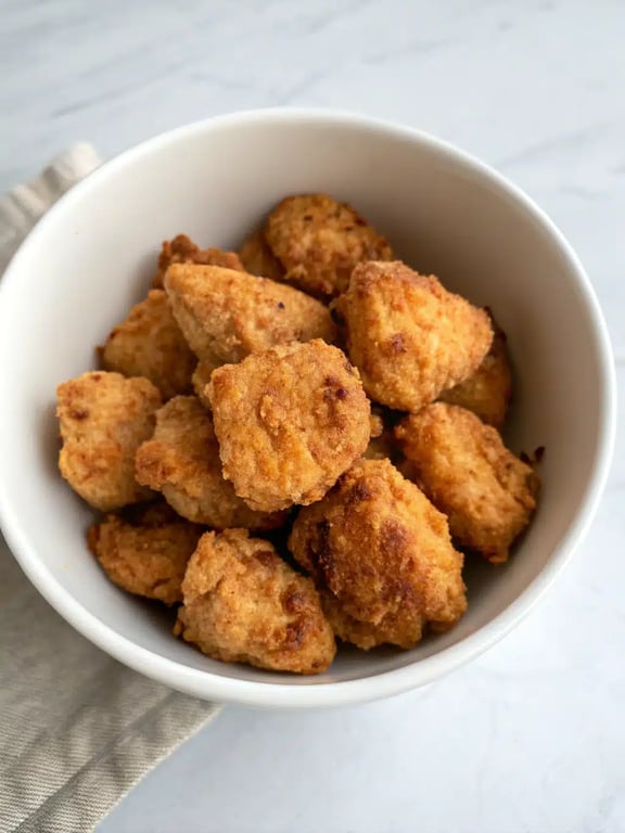 air fryer chicken bites plated with dipping sauces and fresh vegetables