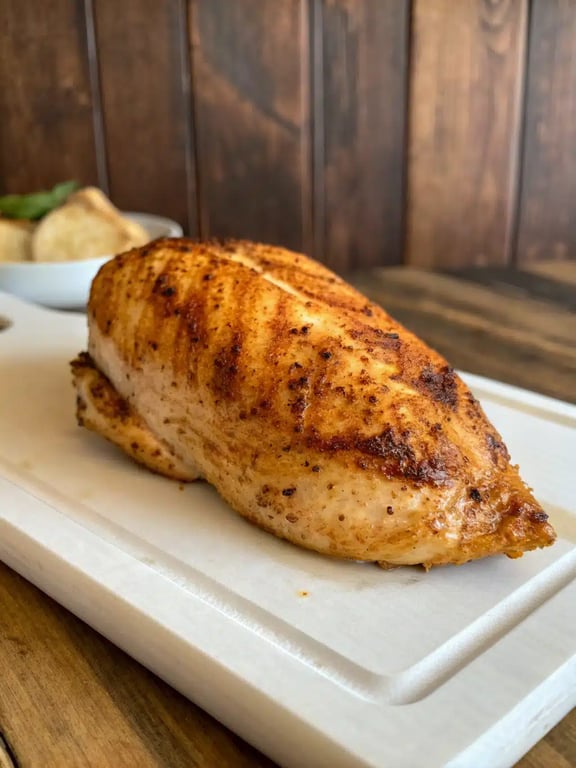 air fryer chicken breast beautifully plated with seasonal vegetables and lemon wedges