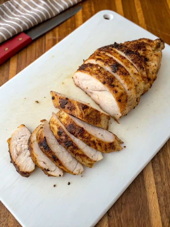 air fryer chicken breast plated with roasted vegetables and rice
