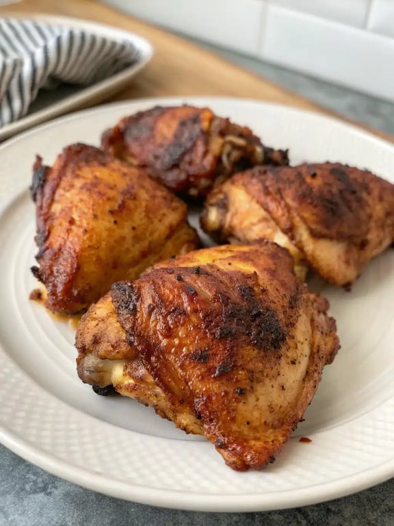 air fryer chicken thighs plated with mashed potatoes and green beans