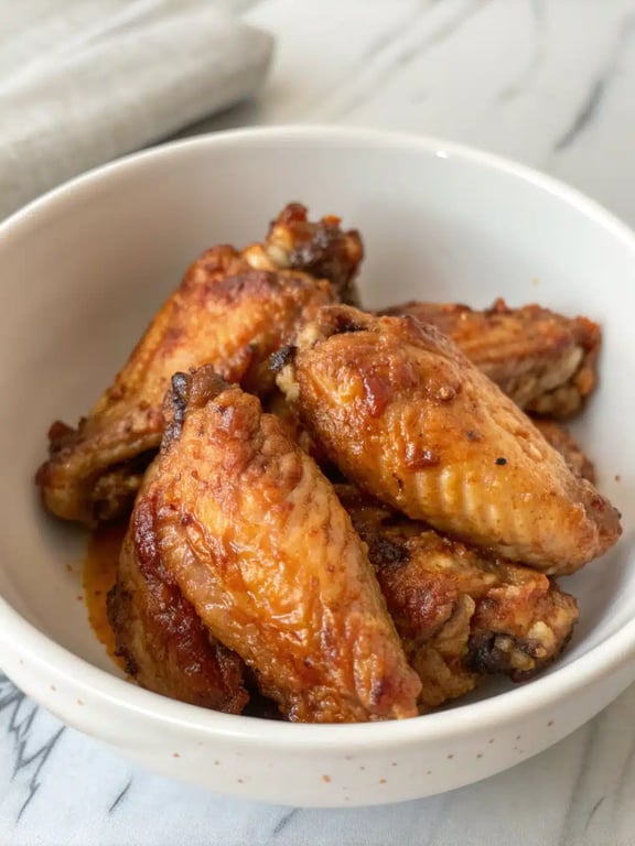 air fryer chicken wings plated with celery sticks and blue cheese dip