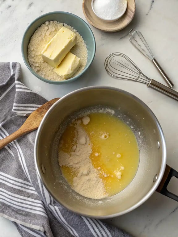 Mixing the churro dough in a saucepan until it forms a smooth ball for air fryer churros.