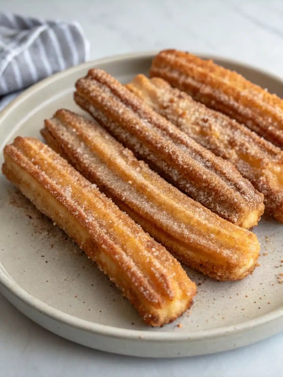 A beautiful serving platter of air fryer churros with dipping sauces and a dusting of powdered sugar.