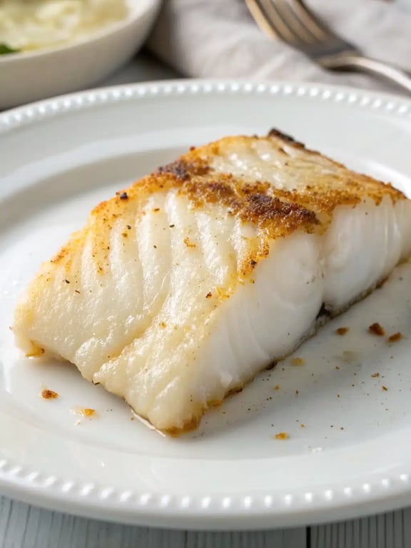 A beautifully plated air fryer cod dinner with lemon wedges and fresh herbs
