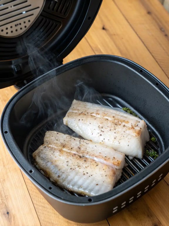 Final step for air fryer cod — plated with lemon and parsley