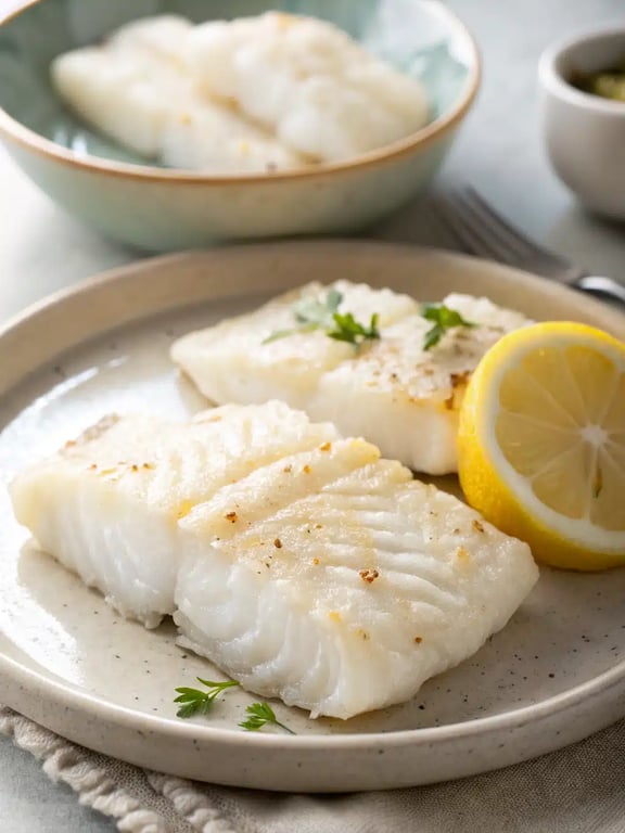 air fryer cod plated with lemon wedges and fresh herbs