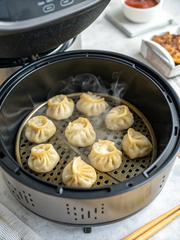 Final step for air fryer dumplings — plated and ready